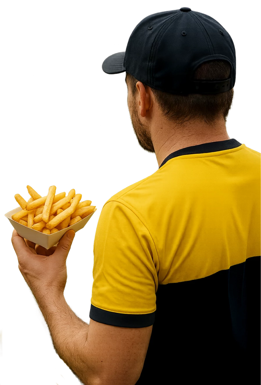 Supporter du Meyrin FC tenant une barquette de frites